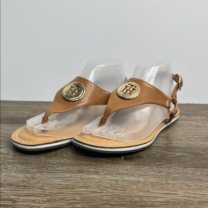 Tommy Hilfiger Thong Sandals | Brown Leather | Gold Logo Medallion | Size 9.5